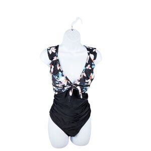 Sporike Floral Black RuchedOne-Piece Swimsuit Size XL